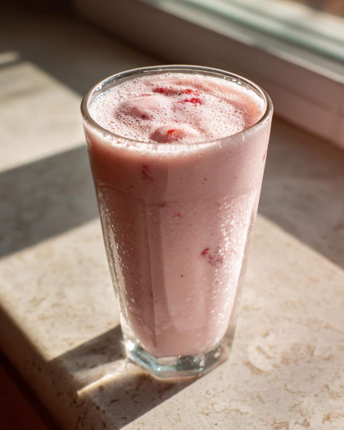 A tall glass filled with a frothy, pink Iced Vanilla Strawberry Protein Shake, sitting on a sunlit marble surface.