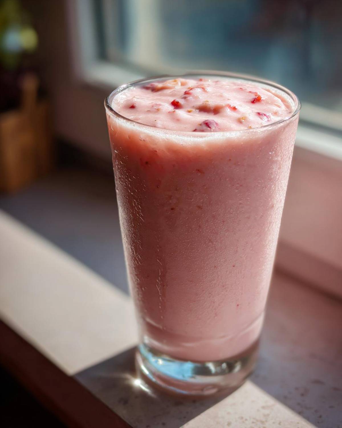 A tall, sweating glass filled with a thick, pink Iced Vanilla Strawberry Protein Shake topped with visible strawberry pieces.