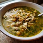 A close-up of a white bowl filled with rich, green broth, shredded chicken, and hominy from the Instant Pot Chicken Pozole Verde.