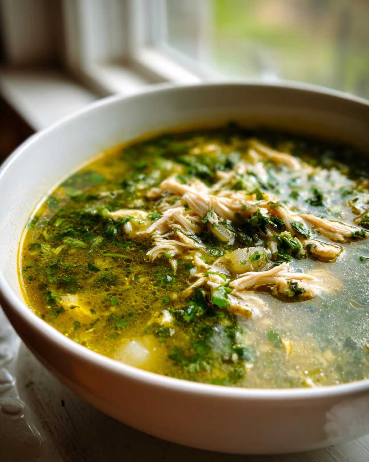 Close-up of a white bowl filled with Instant Pot Chicken Pozole Verde, featuring shredded chicken and green herbs in broth.