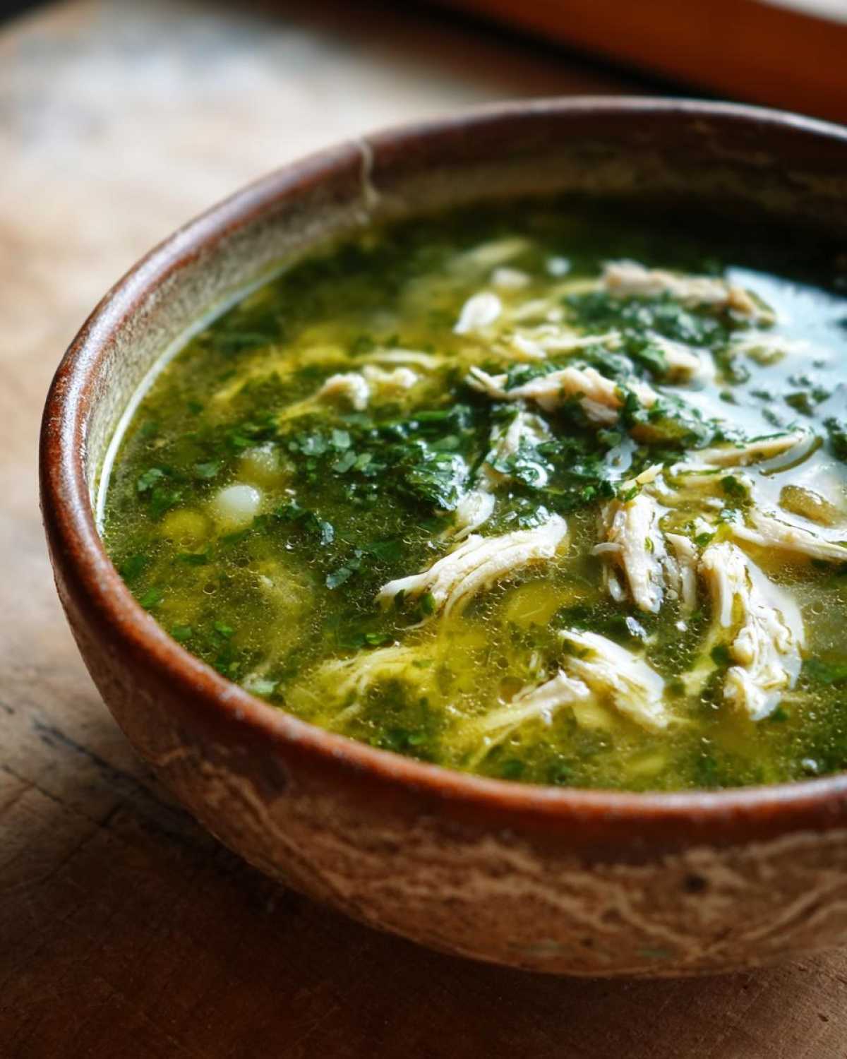 Close-up of a rustic bowl filled with vibrant green Instant Pot Chicken Pozole Verde, showing shredded chicken and herbs.