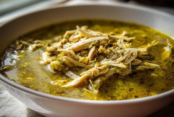 Close-up of a white bowl filled with rich, green broth and shredded chicken from Instant Pot Chicken Pozole Verde.