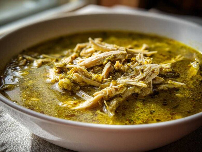 Close-up of a white bowl filled with rich, green broth and shredded chicken from Instant Pot Chicken Pozole Verde.