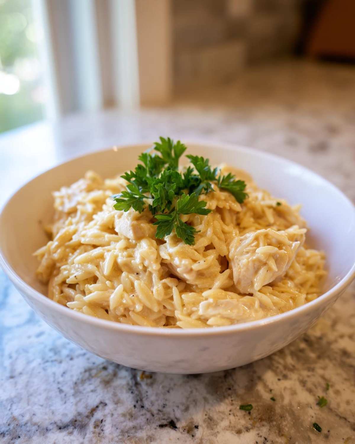 A close-up of Instant Pot Creamy Chicken and Orzo topped with fresh parsley in a white bowl.