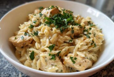 Close-up of a white bowl filled with Instant Pot Creamy Chicken and Orzo, topped with fresh parsley.