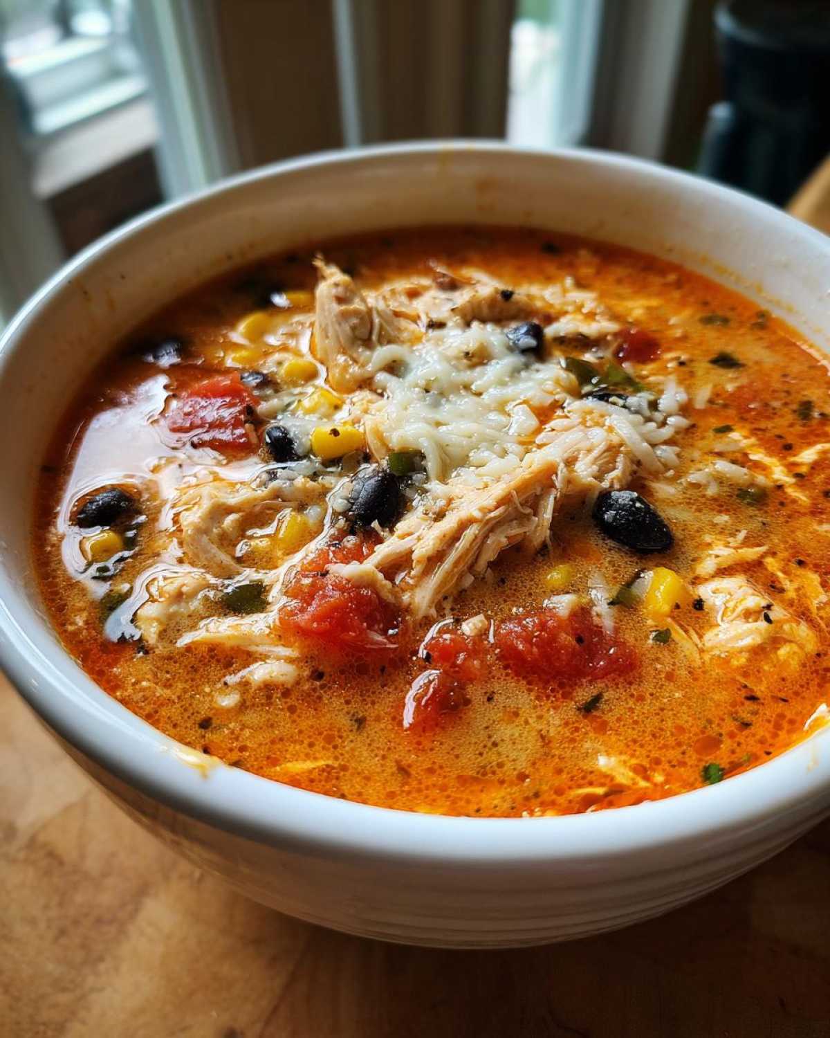 Close-up of a white bowl filled with Instant Pot Creamy Chicken Enchilada Soup topped with shredded cheese.