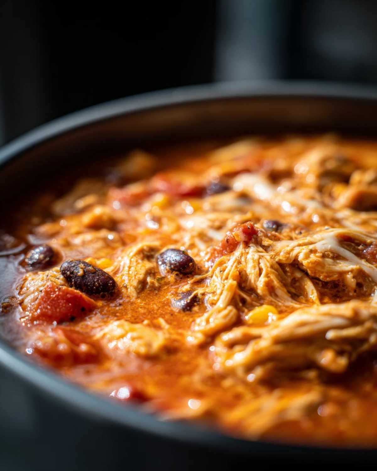 Close-up of rich, orange broth filled with shredded chicken, black beans, and melted cheese in Instant Pot Creamy Chicken Enchilada Soup.