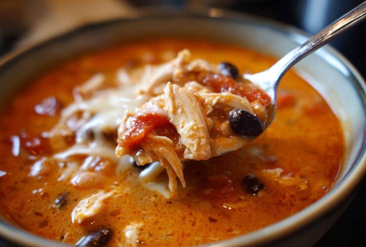 A spoonful of rich, orange Instant Pot Creamy Chicken Enchilada Soup showing shredded chicken, black beans, and melted cheese.