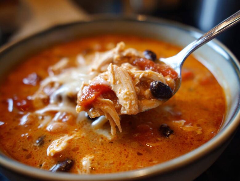 A spoonful of rich, orange Instant Pot Creamy Chicken Enchilada Soup showing shredded chicken, black beans, and melted cheese.