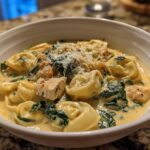 A close-up of a white bowl filled with Instant Pot Creamy Chicken Tortellini Soup, featuring tortellini, chicken chunks, spinach, and grated Parmesan.