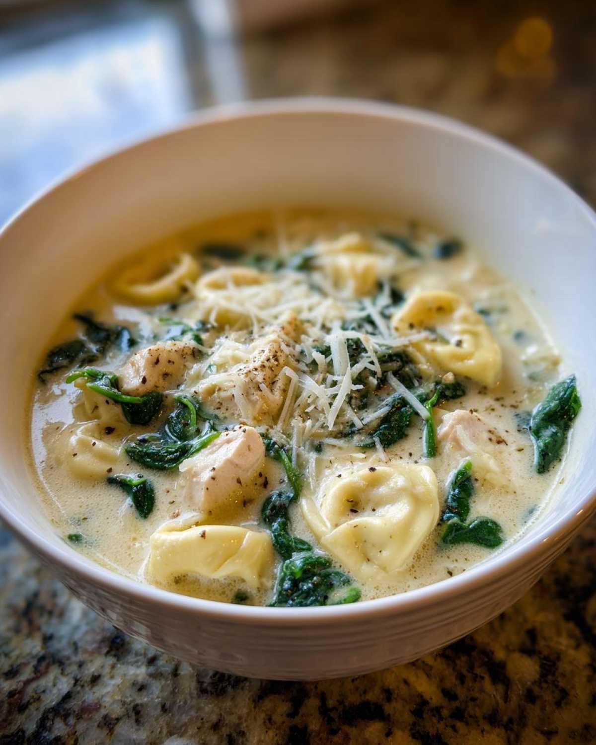 Close-up of a white bowl filled with Instant Pot Creamy Chicken Tortellini Soup, featuring tortellini, chicken chunks, spinach, and grated Parmesan.