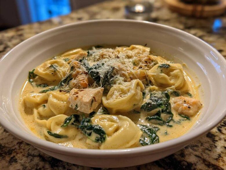 A close-up of a white bowl filled with Instant Pot Creamy Chicken Tortellini Soup, featuring tortellini, chicken chunks, spinach, and grated Parmesan.