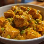 A close-up bowl of vibrant orange Instant Pot Creamy Coconut Chicken Curry with green peas.