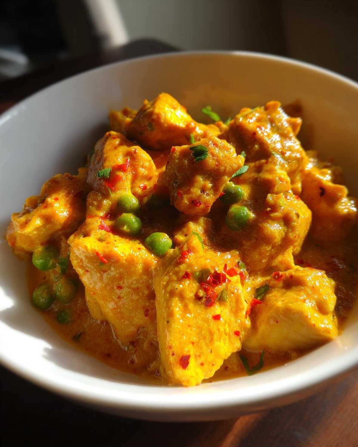 Close-up of tender chicken pieces in rich, yellow Instant Pot Creamy Coconut Chicken Curry, garnished with green peas and chili flakes.