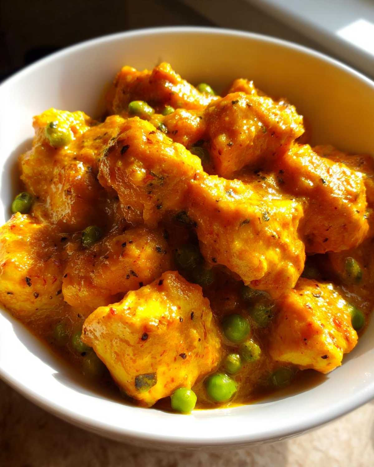 Close-up of rich, orange Instant Pot Creamy Coconut Chicken Curry with bright green peas in a white bowl.