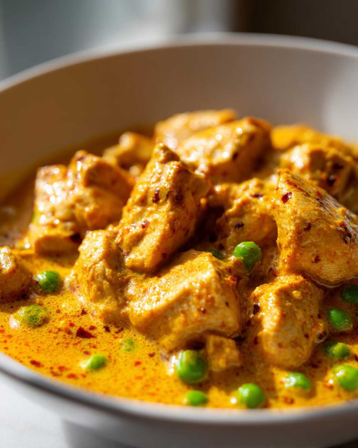 Close-up of rich, yellow Instant Pot Creamy Coconut Chicken Curry with chunks of chicken and green peas in a white bowl.