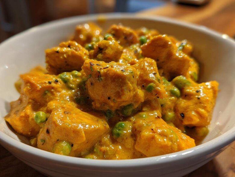 A close-up bowl of vibrant orange Instant Pot Creamy Coconut Chicken Curry with green peas.