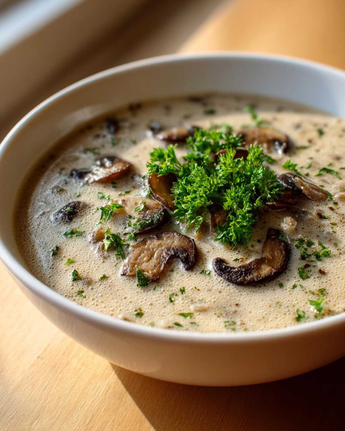 Close-up of a bowl of Instant Pot Creamy Mushroom Barley Soup topped with sliced mushrooms and fresh parsley.