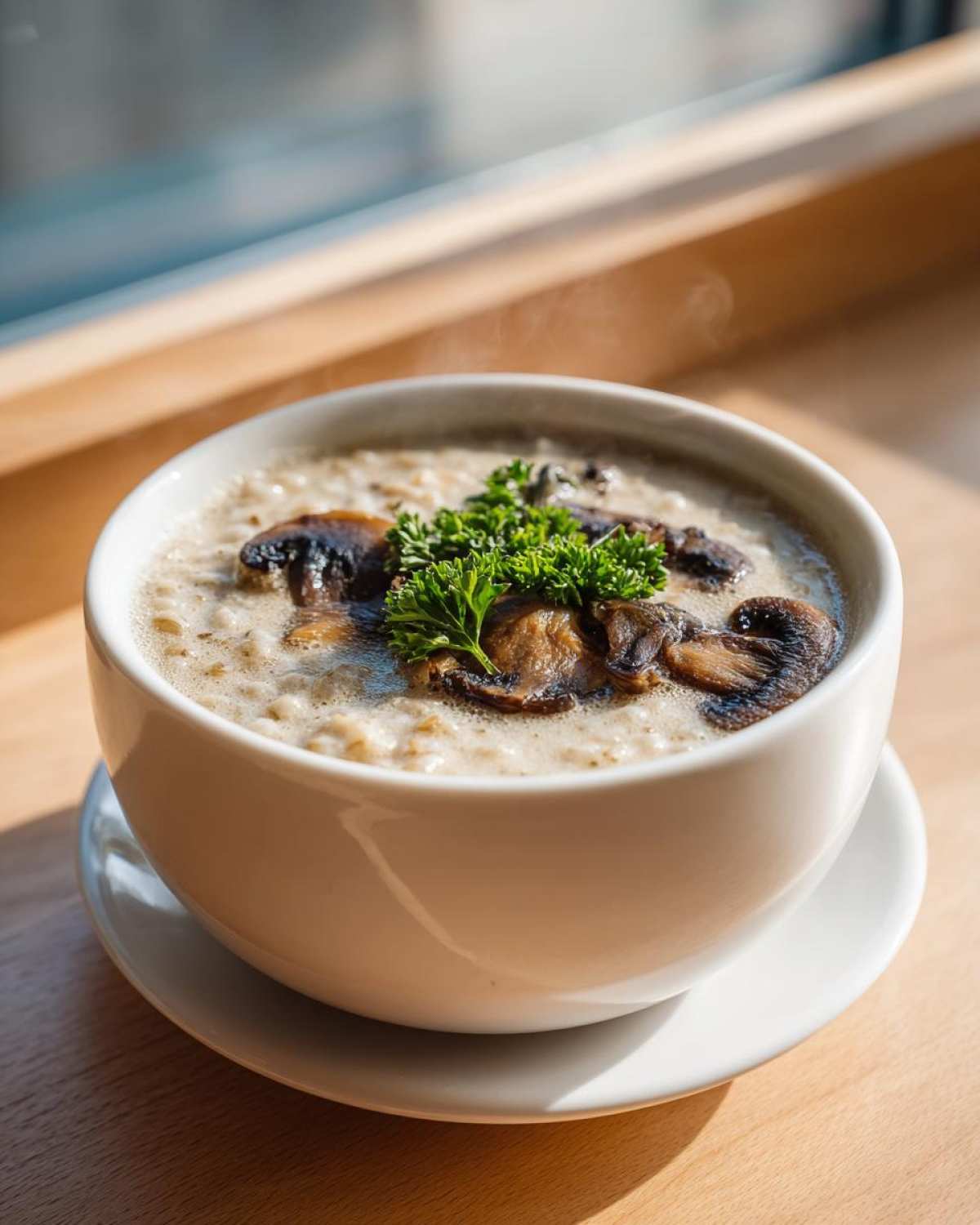 A steaming white bowl filled with Instant Pot Creamy Mushroom Barley Soup, topped with sautéed mushrooms and parsley.