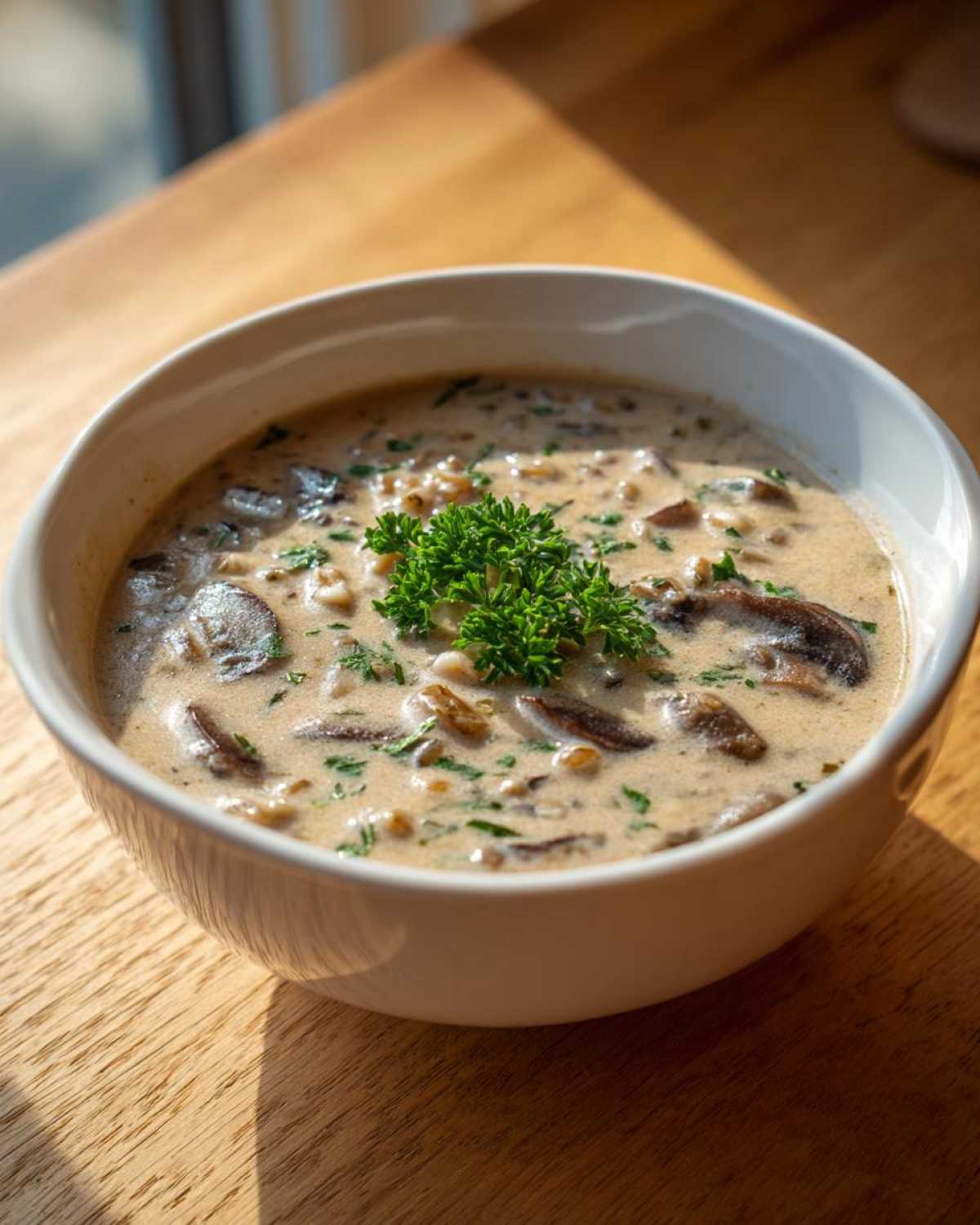 A white bowl filled with rich Instant Pot Creamy Mushroom Barley Soup, garnished with parsley.