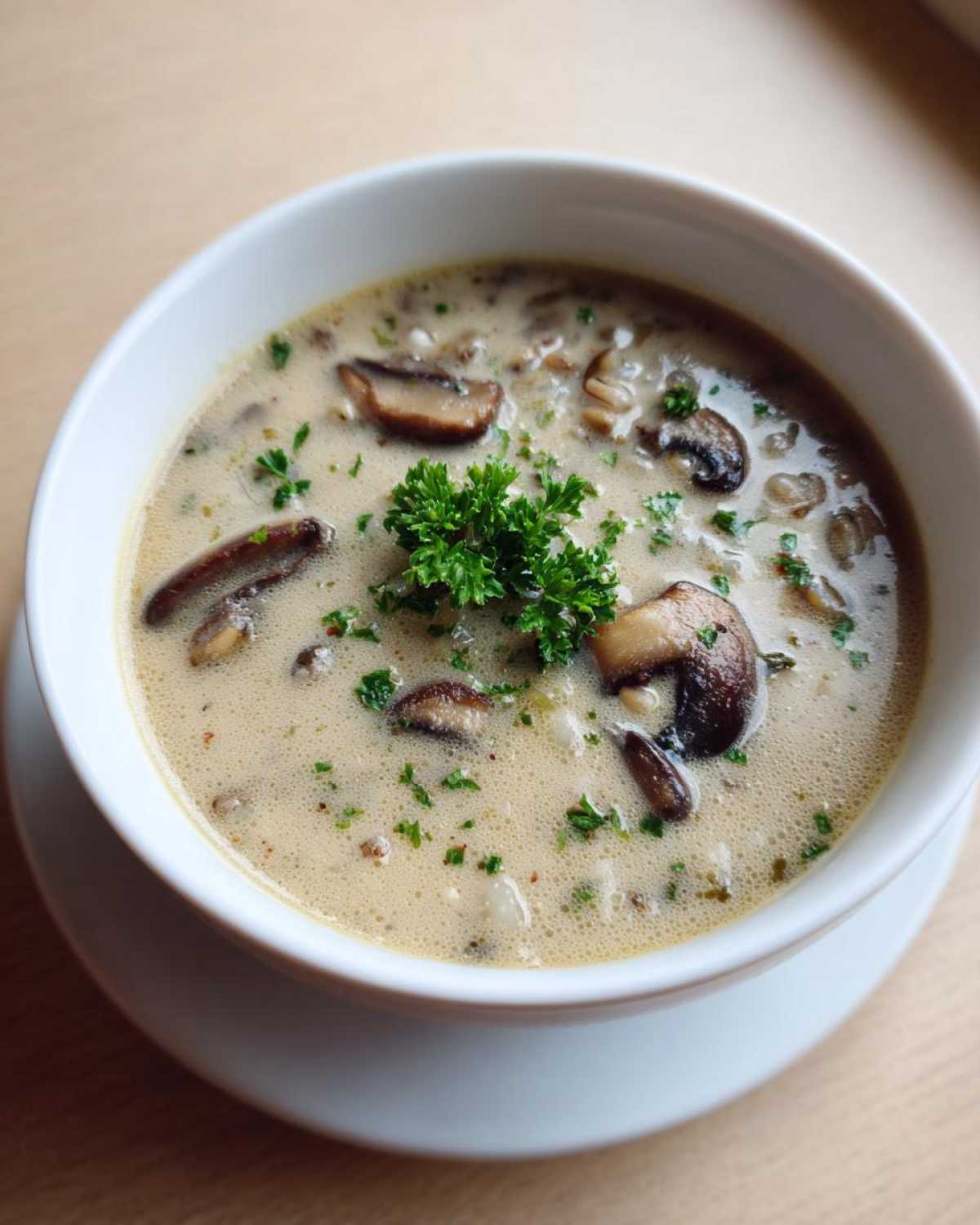 Close-up of a white bowl filled with Instant Pot Creamy Mushroom Barley Soup, garnished with fresh parsley and sliced mushrooms.