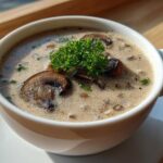 Close-up of a white mug filled with Instant Pot Creamy Mushroom Barley Soup, garnished with sliced mushrooms and parsley.