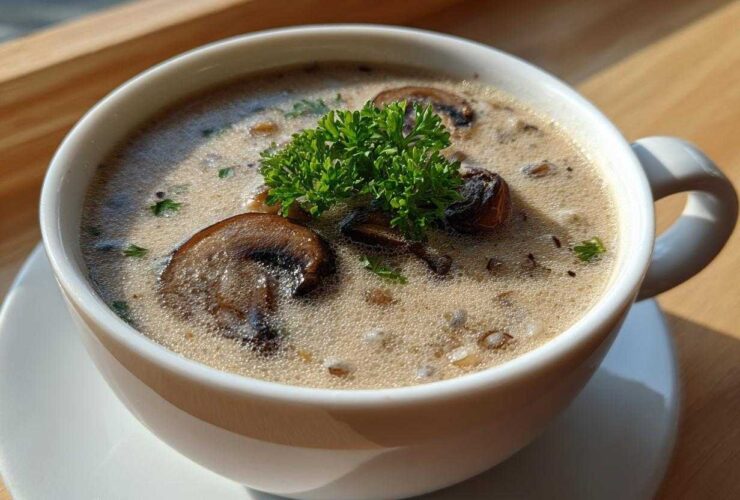 Close-up of a white mug filled with Instant Pot Creamy Mushroom Barley Soup, garnished with sliced mushrooms and parsley.