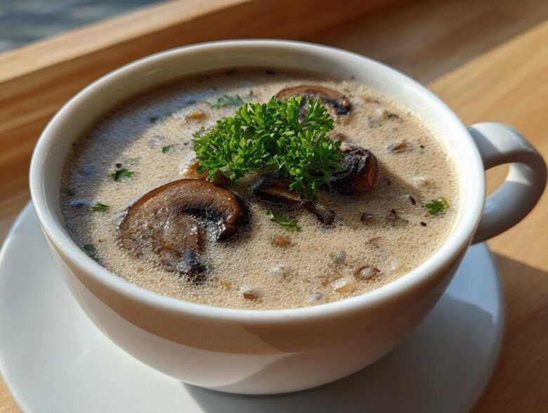 Close-up of a white mug filled with Instant Pot Creamy Mushroom Barley Soup, garnished with sliced mushrooms and parsley.