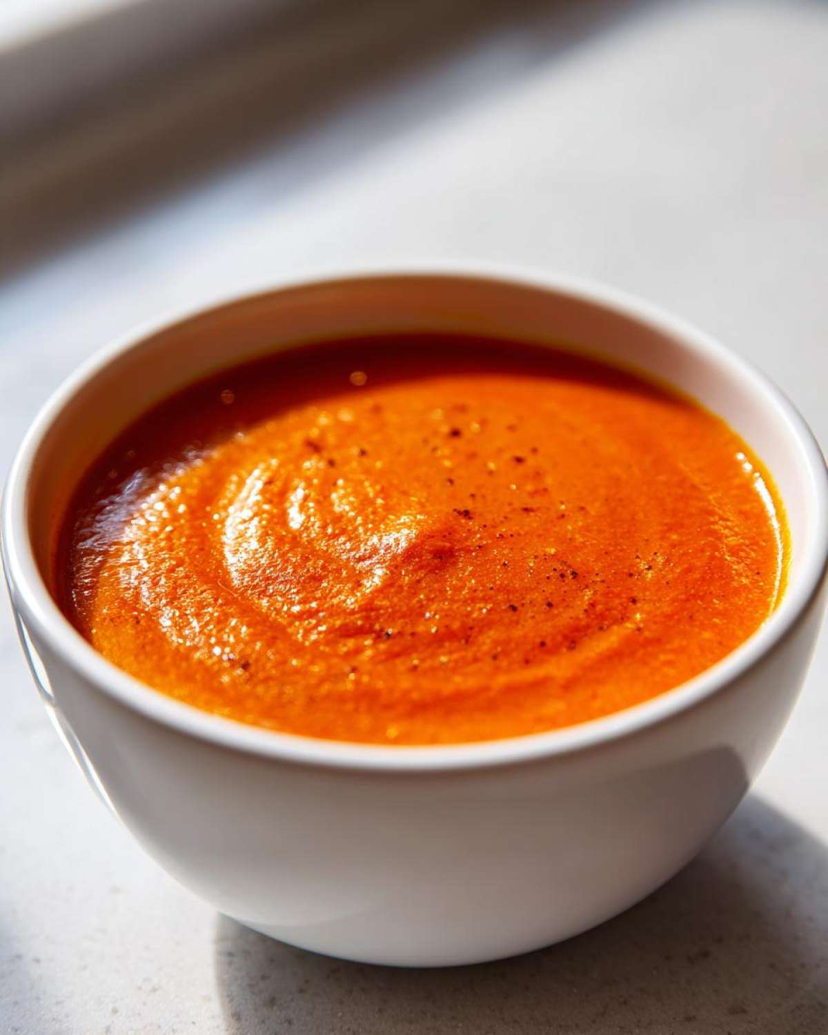 Close-up of a white bowl filled with vibrant orange Instant Pot Creamy Red Pepper Tomato Soup, lightly seasoned with pepper.