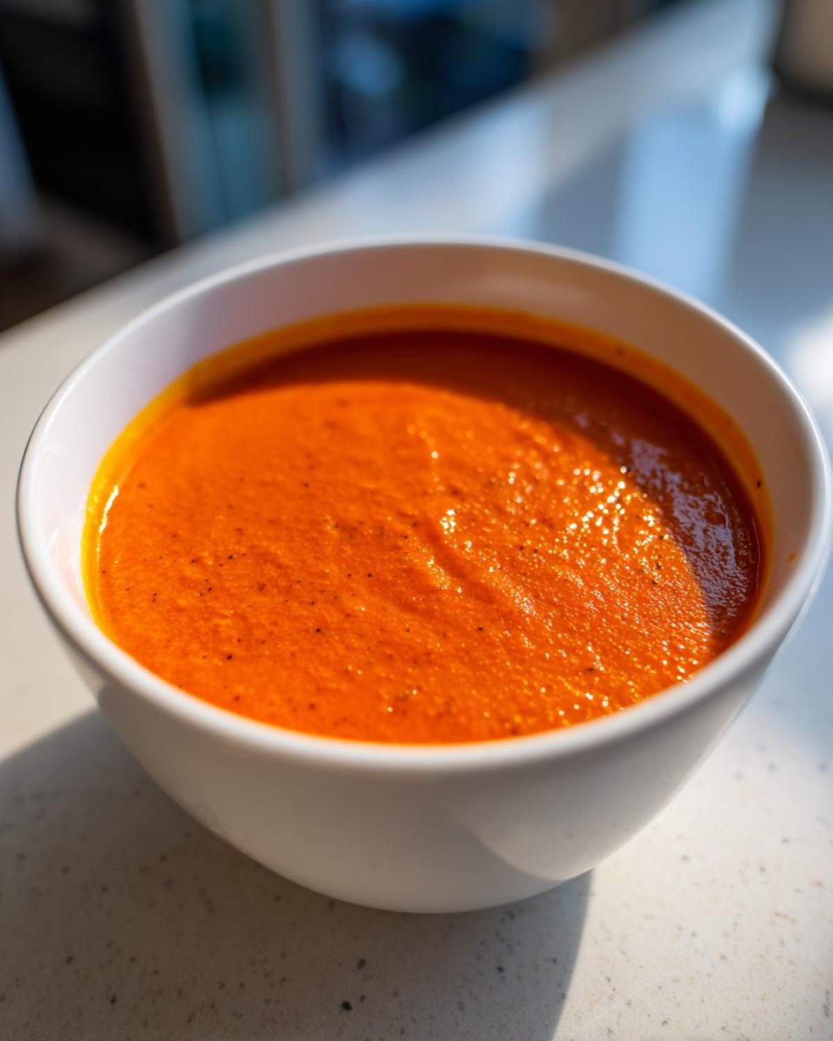 Close-up of a white bowl filled with vibrant orange Instant Pot Creamy Red Pepper Tomato Soup.