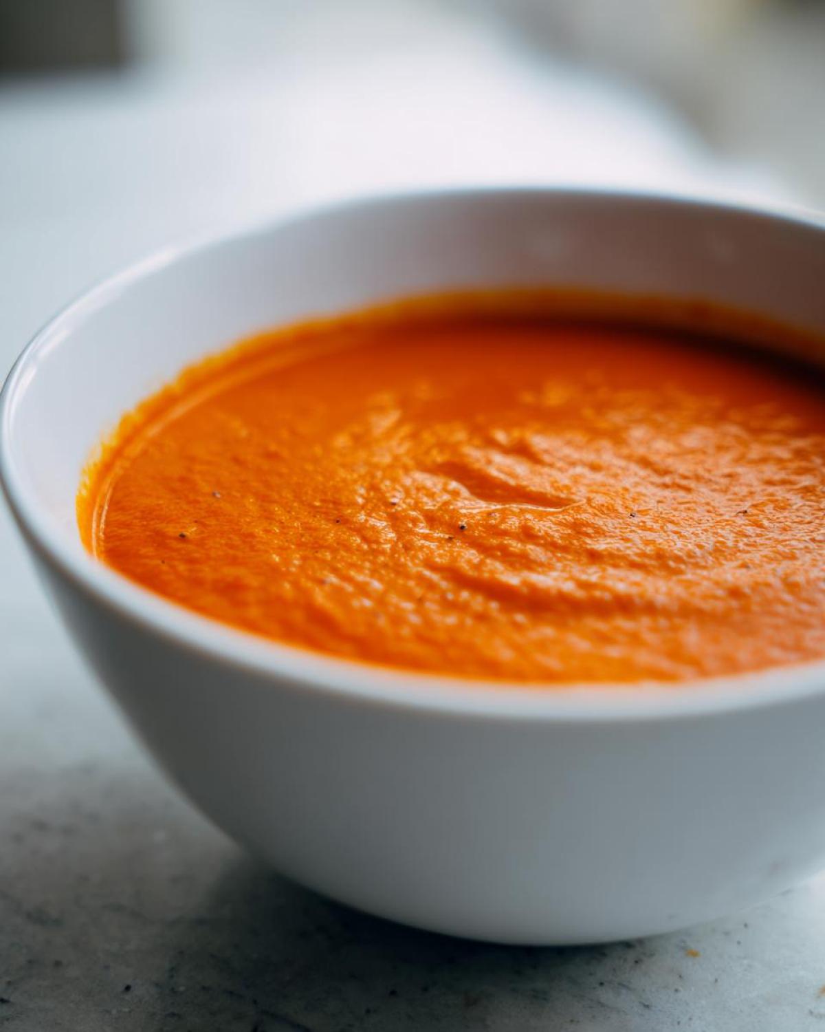 Close-up of a white bowl filled with vibrant orange Instant Pot Creamy Red Pepper Tomato Soup.