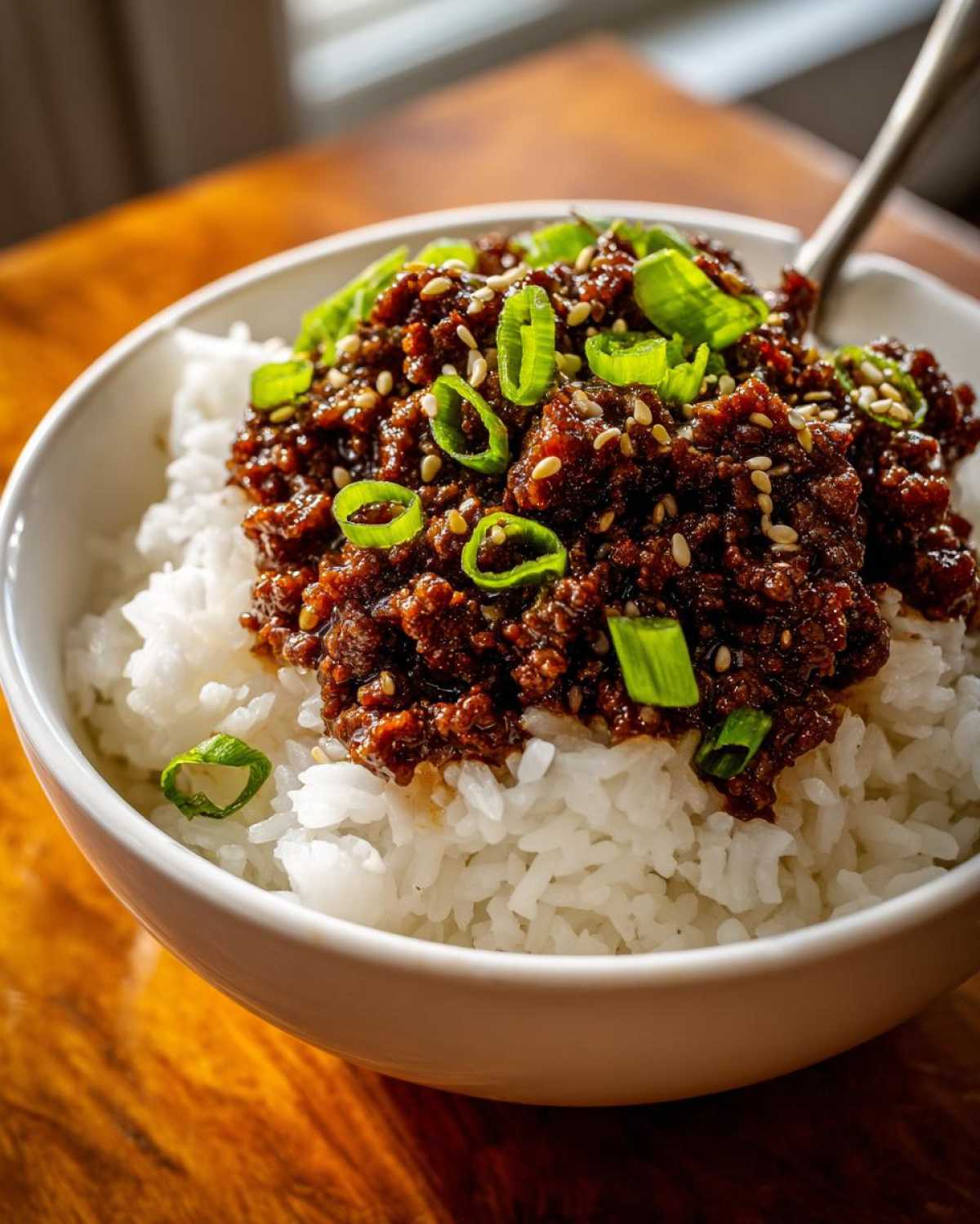 Close-up of a white bowl filled with white rice topped with saucy Instant Pot Korean Beef and garnished with green onions and sesame seeds.