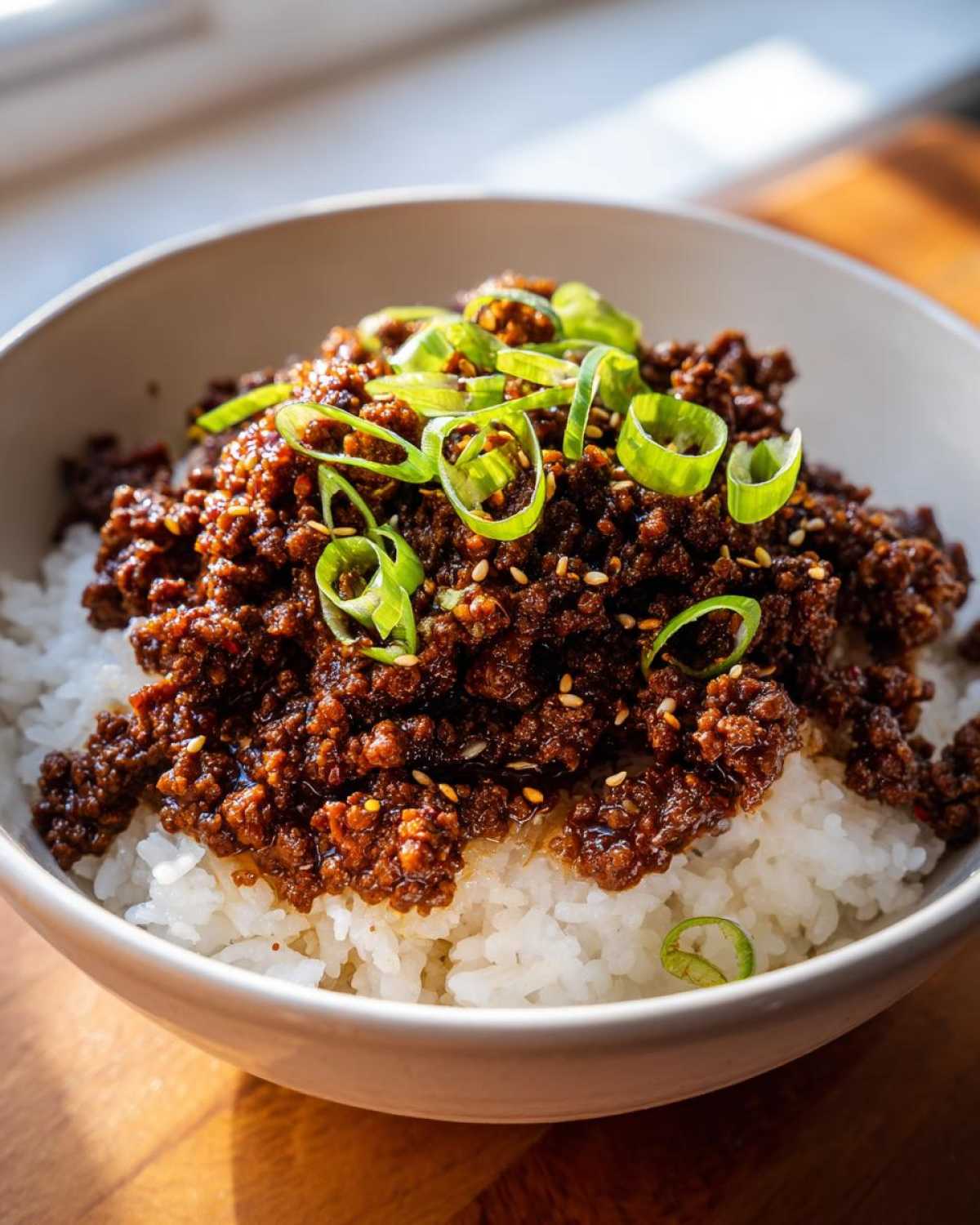 A close-up of a white bowl filled with white rice topped generously with saucy Instant Pot Korean Beef and garnished with sliced green onions and sesame seeds.