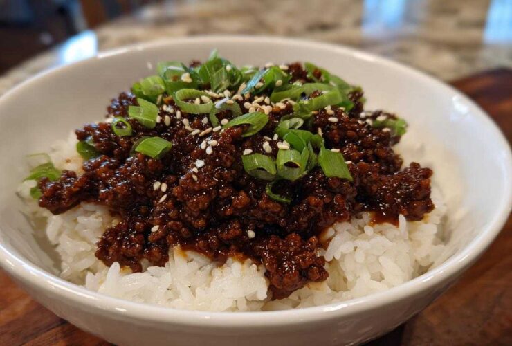 A white bowl filled with white rice topped with saucy Instant Pot Korean Beef, garnished with green onions and sesame seeds.
