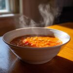 A steaming white bowl filled with vibrant orange Instant Pot Tomato Lentil Soup sits on a wooden table.