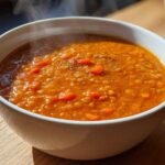 Close-up of hot, steaming Instant Pot Tomato Lentil Soup with visible carrots and herbs in a white bowl.