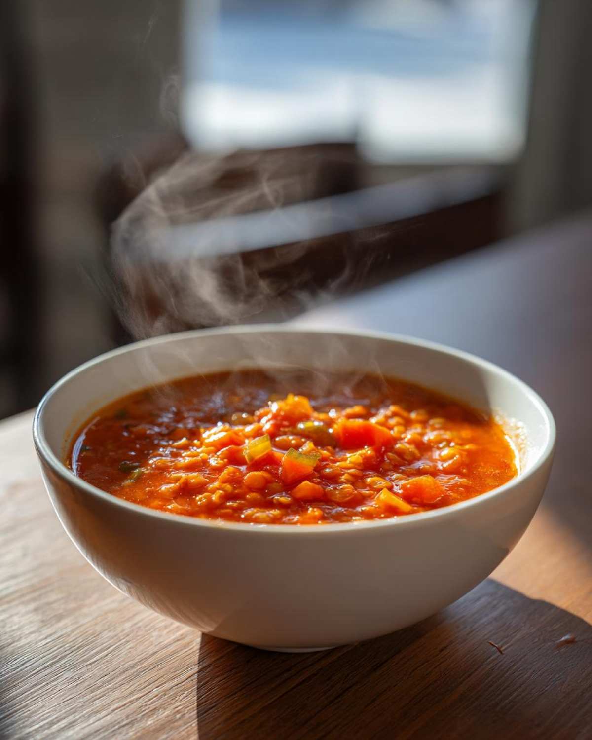 A white bowl filled with hot, steaming Instant Pot Tomato Lentil Soup, featuring visible lentils and diced vegetables on a wooden table.