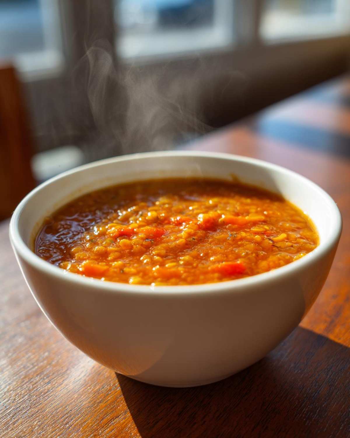 Close-up of hot, steaming Instant Pot Tomato Lentil Soup served in a white bowl on a wooden table.