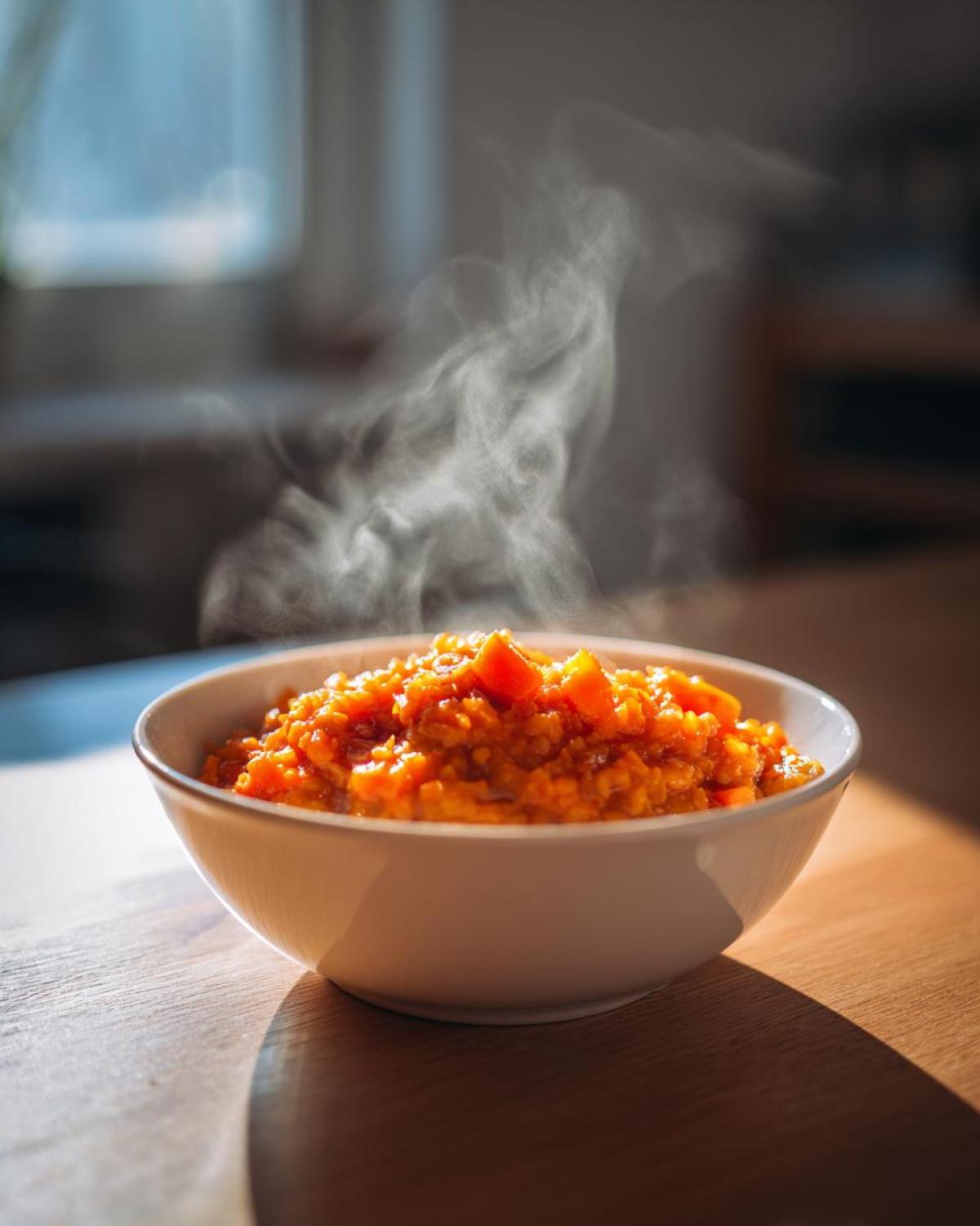 A close-up of a white bowl filled with hot, steaming Instant Pot Tomato Lentil Soup on a wooden table.