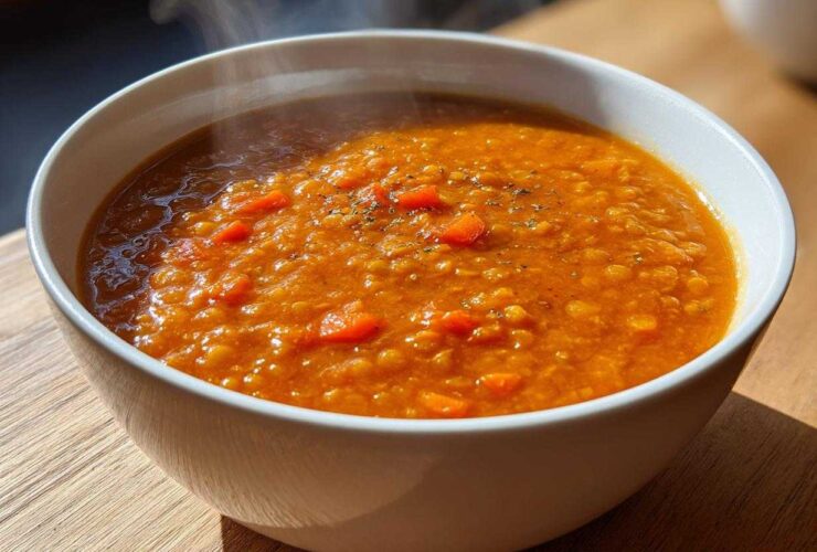 Close-up of hot, steaming Instant Pot Tomato Lentil Soup with visible carrots and herbs in a white bowl.