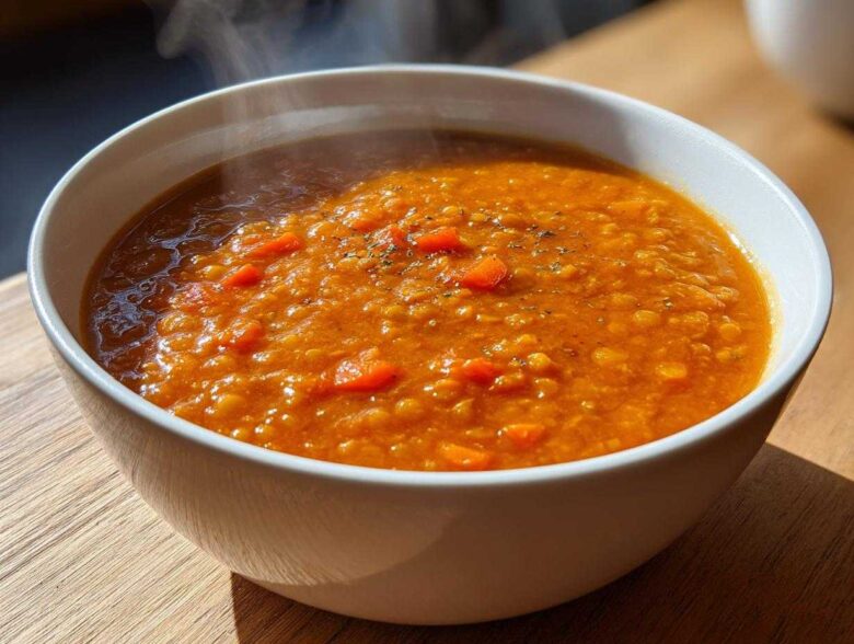 Close-up of hot, steaming Instant Pot Tomato Lentil Soup with visible carrots and herbs in a white bowl.