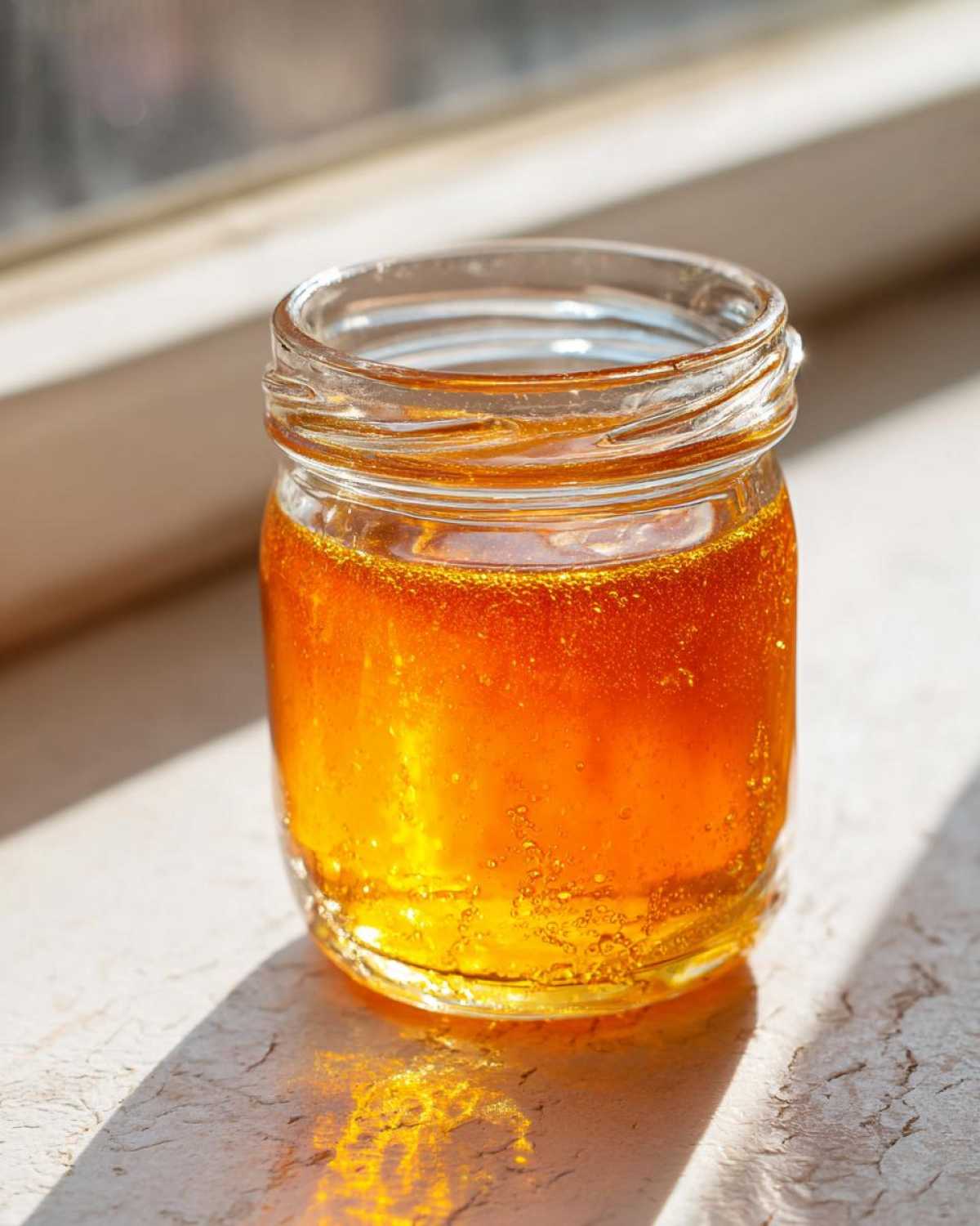 A small glass jar filled with bright amber Copycat Apple Cider Vinaigrette sitting in sunlight.