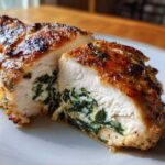 Close-up of Keto Cheesy Spinach Stuffed Chicken cut in half, showing juicy white meat and creamy spinach filling.