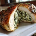 A cross-section view of a perfectly cooked Keto Cheesy Spinach Stuffed Chicken breast showing the savory filling.