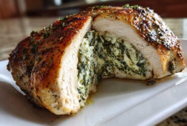 A cross-section view of a perfectly cooked Keto Cheesy Spinach Stuffed Chicken breast showing the savory filling.