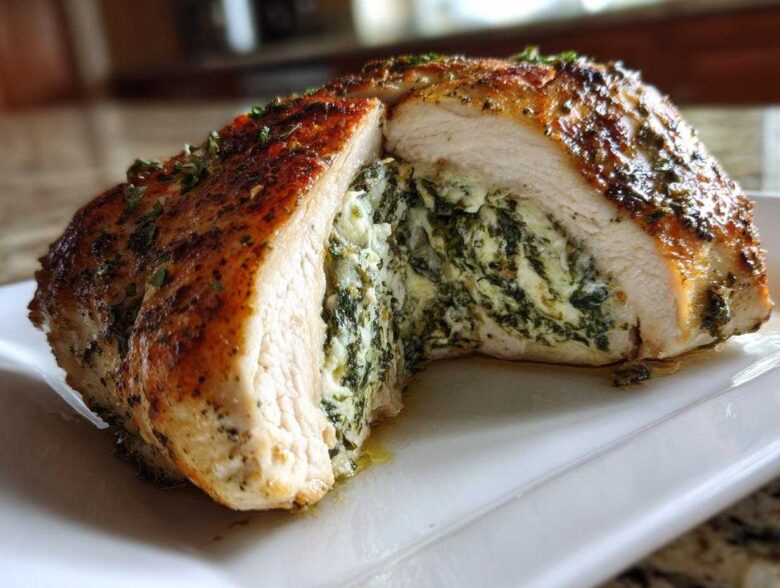 A cross-section view of a perfectly cooked Keto Cheesy Spinach Stuffed Chicken breast showing the savory filling.
