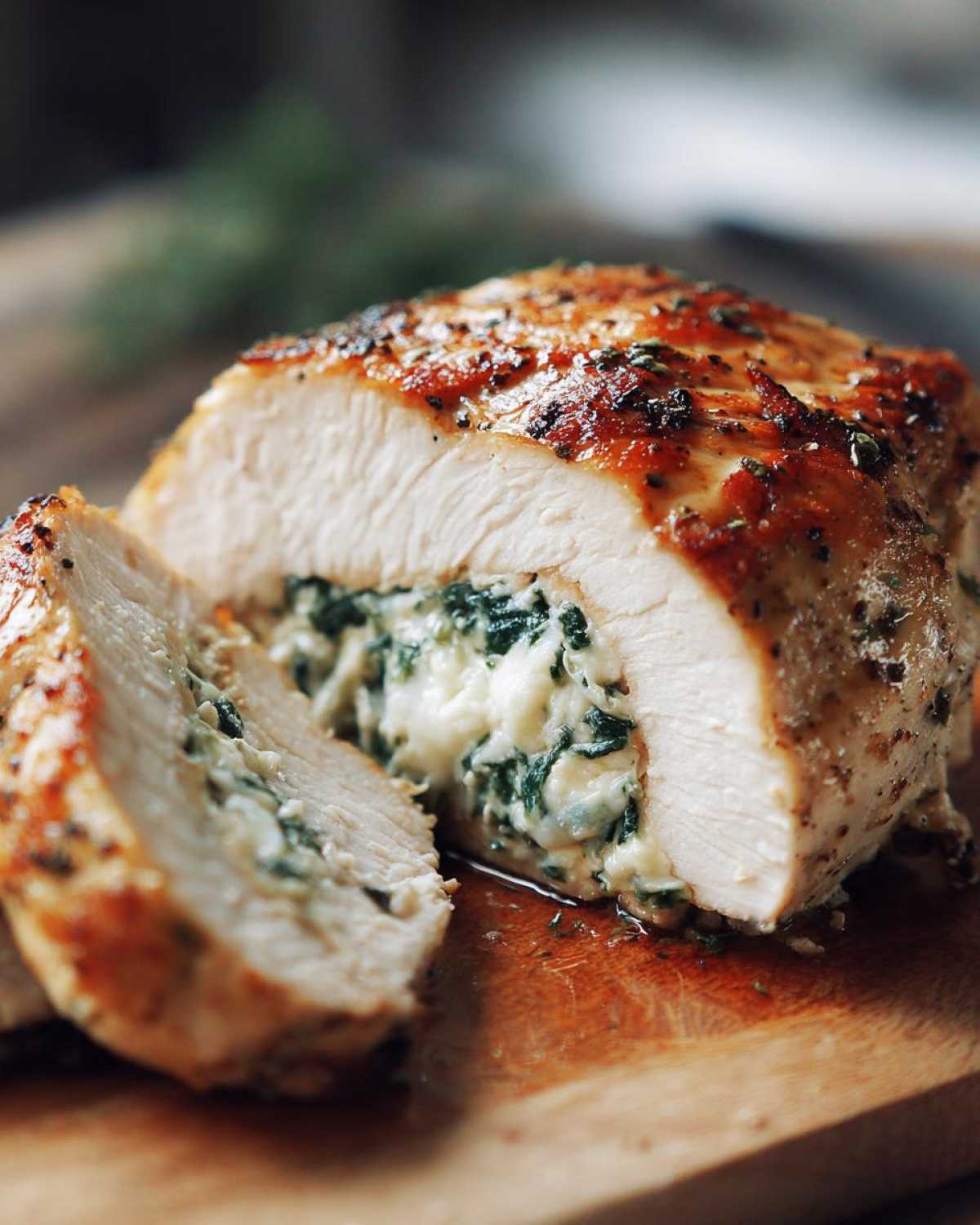 Cross-section of a perfectly cooked Keto Cheesy Spinach Stuffed Chicken showing the creamy filling.