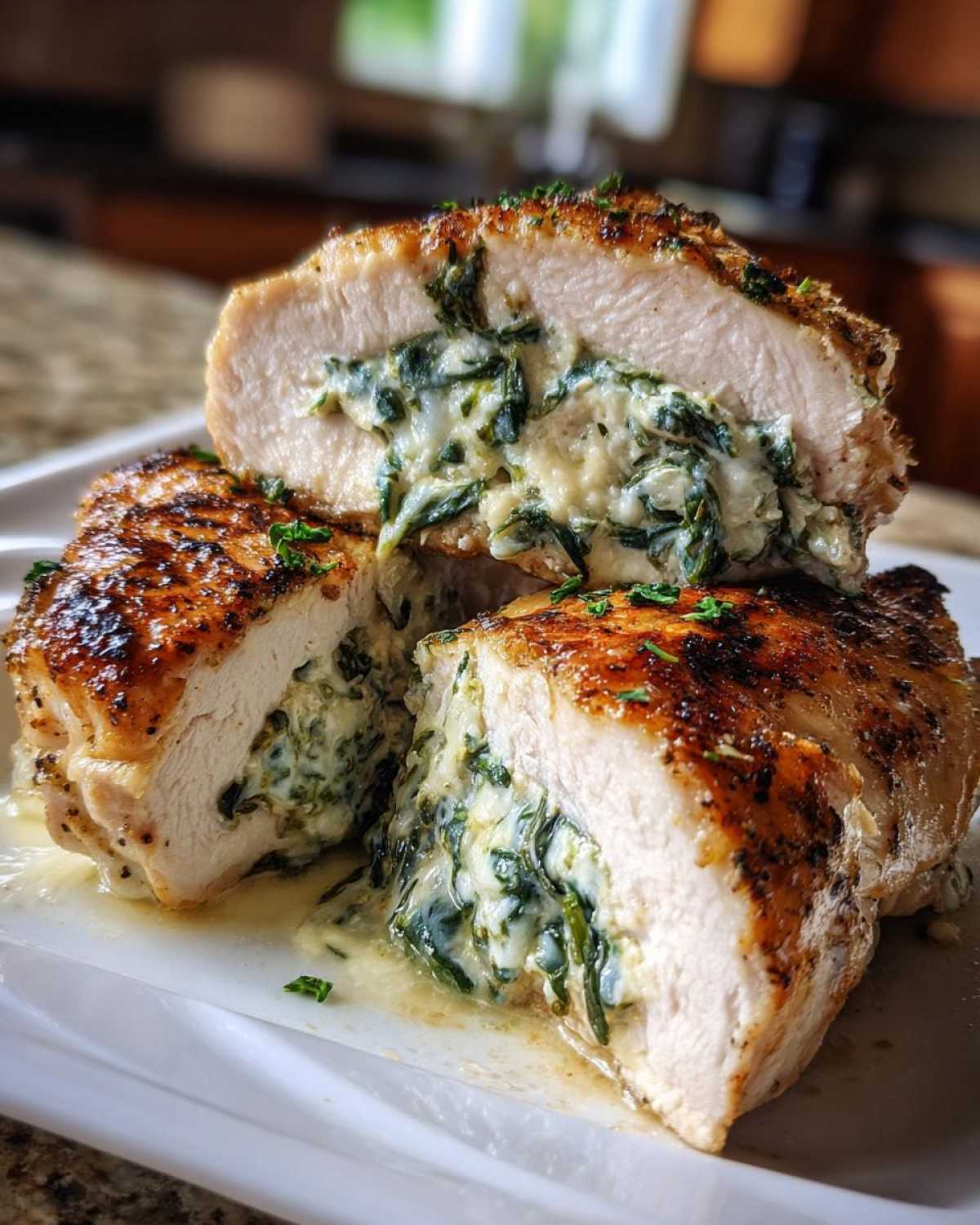 Cross-section view of Keto Cheesy Spinach Stuffed Chicken, showing creamy spinach filling oozing out of the perfectly cooked white meat.