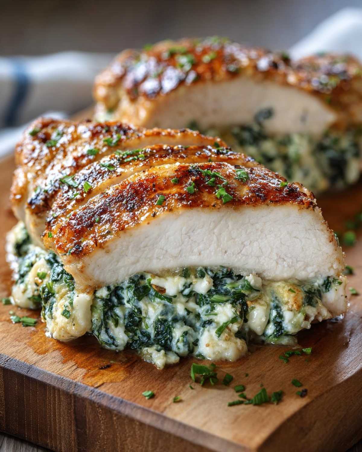 A sliced Keto Cheesy Spinach Stuffed Chicken breast showing the creamy spinach and cheese filling overflowing onto a wooden board.