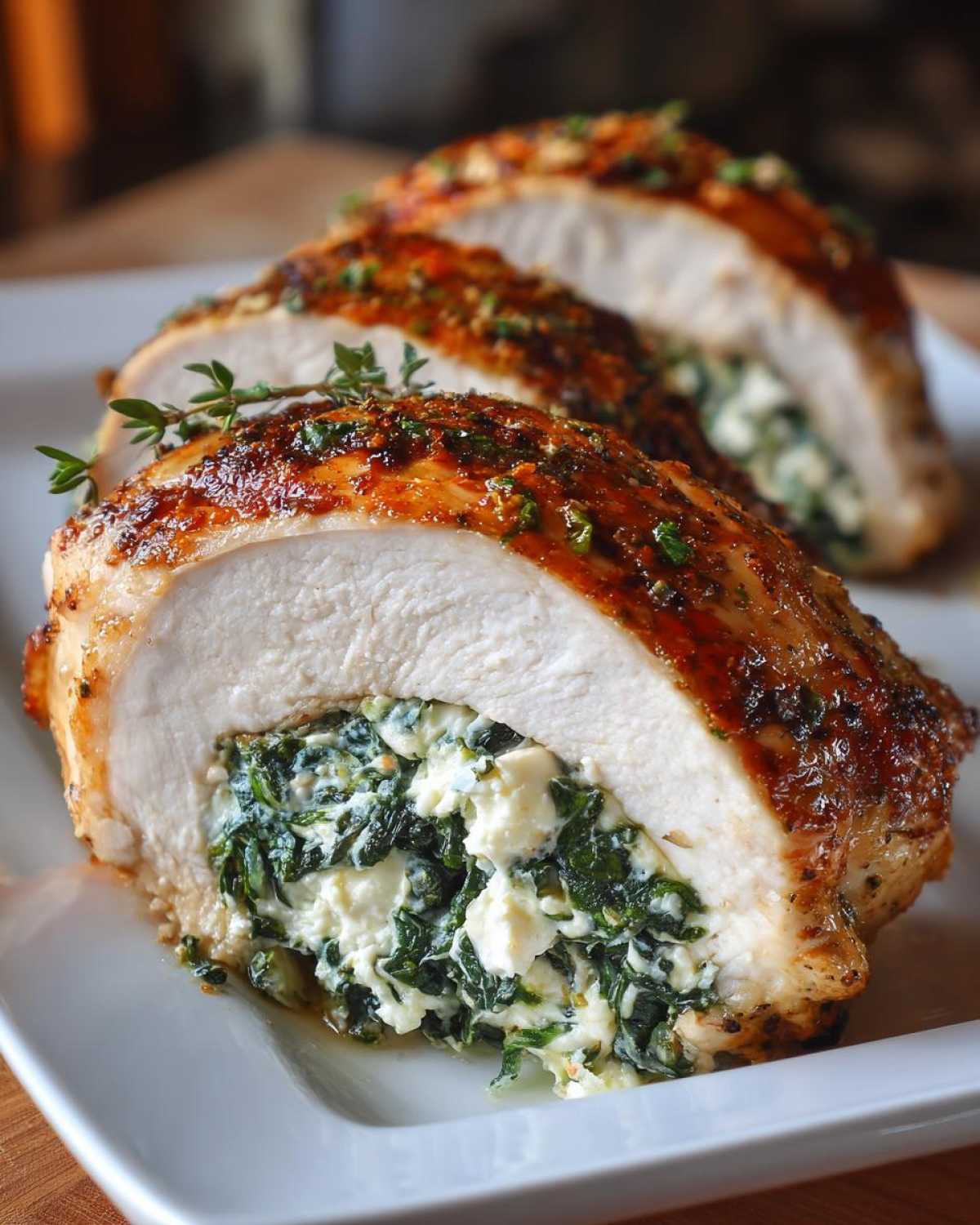 Close-up of three slices of Keto Cheesy Spinach Stuffed Chicken, showing the creamy spinach and cheese filling.